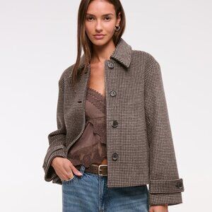Short Wool-Blend Coat-Brown Houndstooth